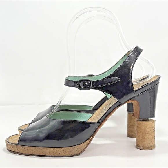 Chanel "Chateau Chanel" Wine Cork Heel Pumps Black Patent w Blue Accent Sz 37.5 - Picture 4 of 12